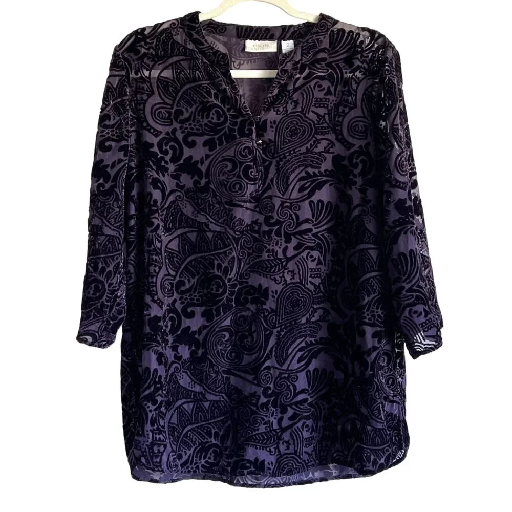 Chicos Womens Velvet Burnout Tunic Top Chicos Size 2 (L) Black Purple VNeck - Picture 1 of 6